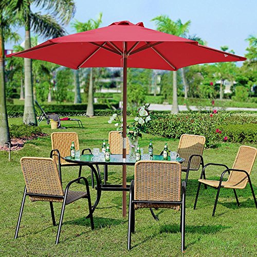 8ft Wooden Outdoor Patio Table Red Umbrella W Pulley Market Garden Yard Beach Deck Cafe Sunshade