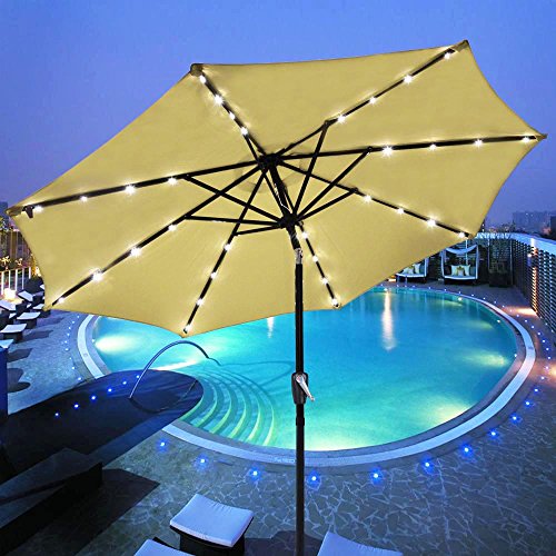 Yescom 9 Beige Outdoor Patio Garden Deck Aluminium Umbrella W 32 Solar Powered Led Crank Tilt Uv30