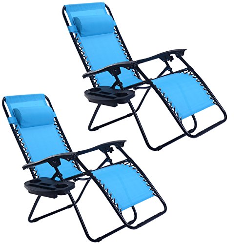 Goplus&reg 2pc Zero Gravity Chairs Lounge Patio Folding Recliner Outdoor Yard Beach With Cup Holder light Blue