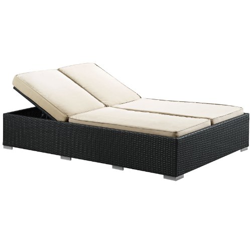 Lexmod Evince Two-seater Outdoor Wicker Patio Chaise Recliner In Espresso With White Cushions