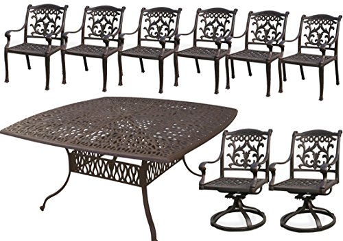 Cast Aluminum Furniture 9pc Outdoor Patio Set 64 X 64 Square Table Flamingo 2 Swivels 6 Dining Chairs