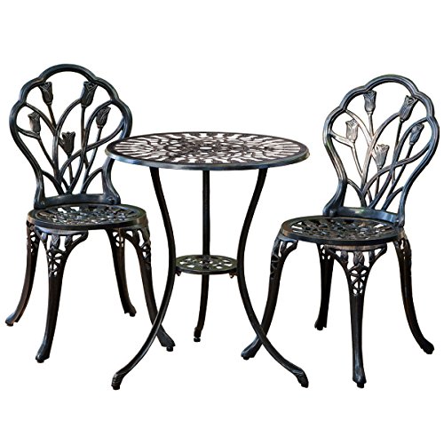 Giantex Patio Furniture Cast Aluminum Rose Design Bistro Set Antique Green brown