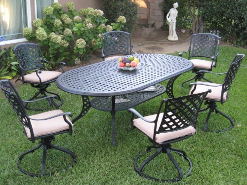 Outdoor Cast Aluminum Patio Furniture 7 Piece Dining Set Kl208110t With 6 Swivel Rockers Cbm1290