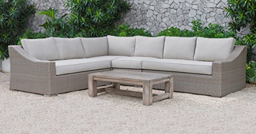 RENAVA VIG Furniture Pacifica Collection Outdoor Sectional Poly Rattan Wicker 5 Pieces Sofa Set with Waterproof Fabric Cushions Aluminium Frame Solid Wood Coffee Table and Legs Beige