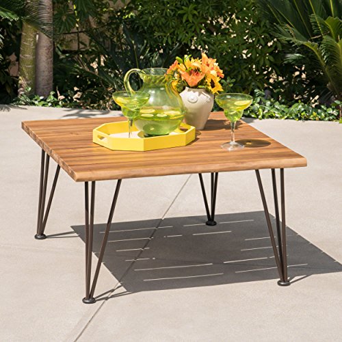 Zach Outdoor Industrial Teak Finish Acacia Wood Coffee Table with Rustic Metal Finish Iron Frame