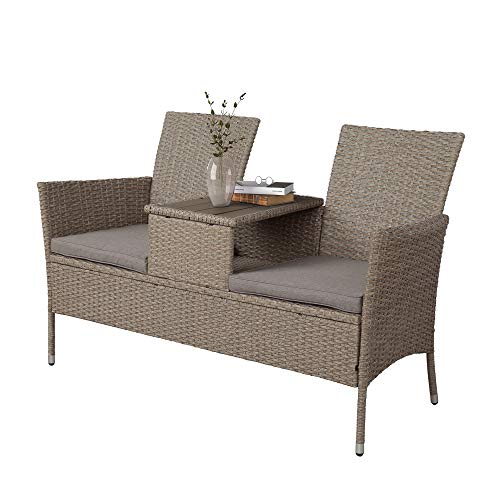 mytunes Rattan Outdoor Furniture Patio Conversation Set 2-Person Chat Set Wicker Sofas with Removable Cushions and Wood Coffee Table for Backyard Poolside Balcony Brown
