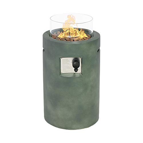 Sunbury Outdoor Propane Burning Fire Bowl Column Dark Green Patio Fire Pit Table 40000 BTU w Lava Rocks Glass Wind Guard Waterproof Cover