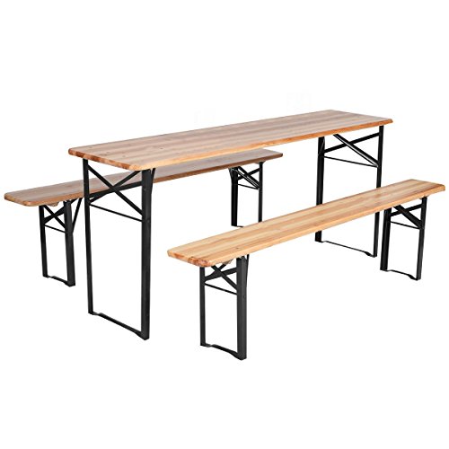 Giantex 3 PCS Beer Table Bench Set Folding Wooden Top Picnic Table Patio Garden