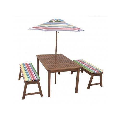 4 Piece Kids Picnic Table Wooden Dining Set with Umbrella Chairs and Cushions