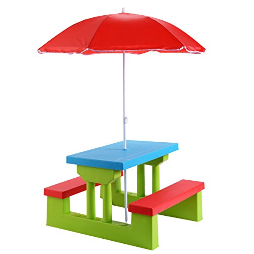 Costzon Easy Store Large Picnic Table with Umbrella Garden Yard Folding Children Bench Outdoor