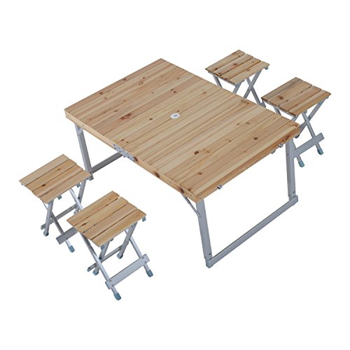 Outsunny Height Adjustable Folding Outdoor Picnic Table w 4 Seats - Natural Wood and Silver