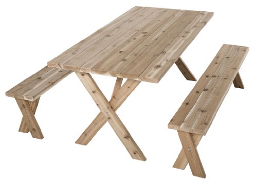 Wooden Picnic Table - American Cross Leg Outdoor Dining Set with 2 Benches Umbrella Hole - Rectangular 345L x 60W includes benches x 30H