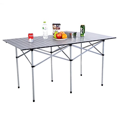 55 Roll Up Folding Camping Square Aluminum Picnic Table wBag - Smooth Roll-Up Aluminum Composite Table Top - Legs is foldable with non-skid rubber feet - Portable Design With Carry Bag