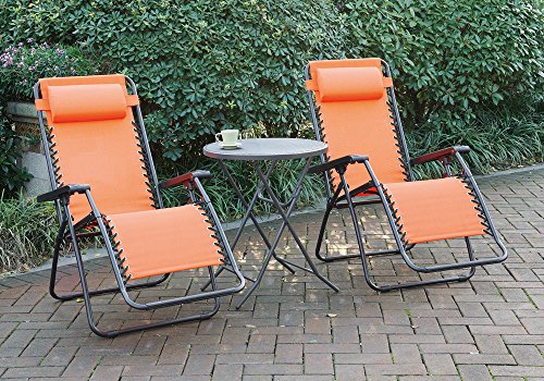 1PerfectChoice 3 pc Outdoor Patio Pool Lounge Set Orange Gravity Recliner Chair Foldable Table
