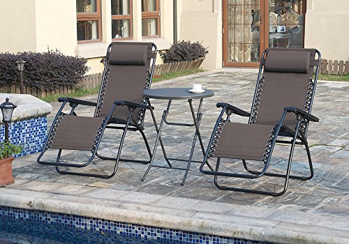 1PerfectChoice 3 pc Outdoor Patio Pool Yard Lounge Brown Gravity Recliner Chair Foldable Table