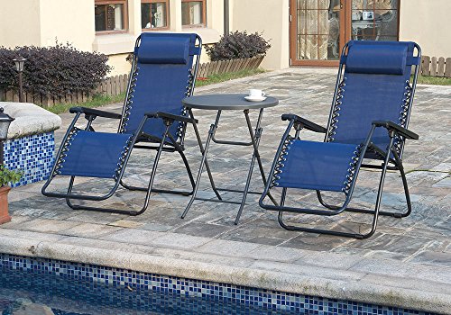 1PerfectChoice 3 pc Outdoor Patio Pool Yard Lounge Navy Gravity Recliner Chair Foldable Table