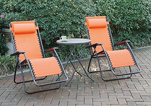 3 pc Outdoor Patio Pool Lounge Set Orange Gravity Recliner Chair Foldable Table