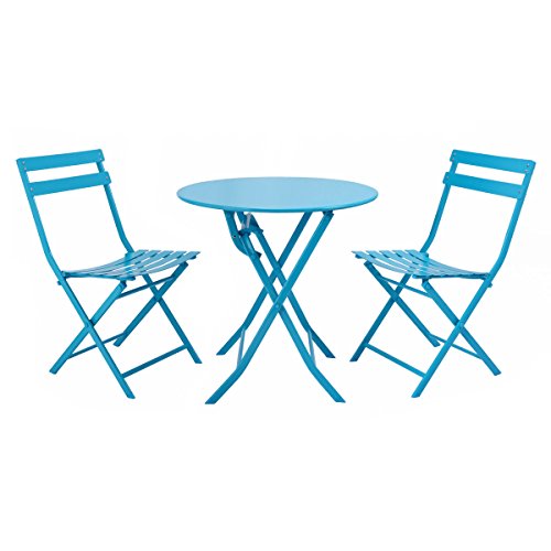 Giantex 3 Piece Table Chair Set Foldable Outdoor Patio Garden Pool Metal Furniture Blue