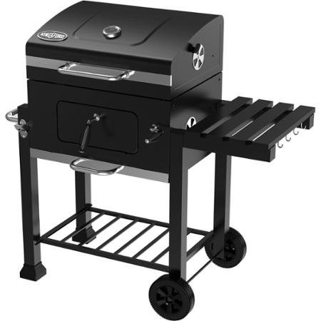 Kingsford 24 Charcoal Grill iron cooking grid has foldable table with tool hooks high-temperature black paint finish