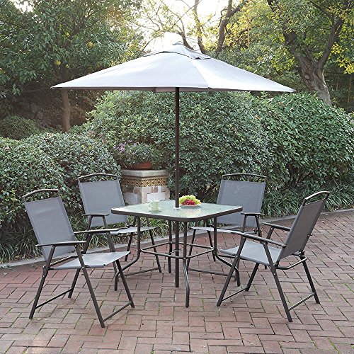 Patio Furniture Dining Set Cream Umbrella Foldable Chairs Glass Table