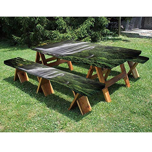72 Polyester Picnic Table and Bench Fitted TableclothExotic Rainforest with Waterfall in Indonesia Tropical Trees Adventure Picture 3-Piece Elastic Edged Table Cover for ChristmasPartiesPicnic
