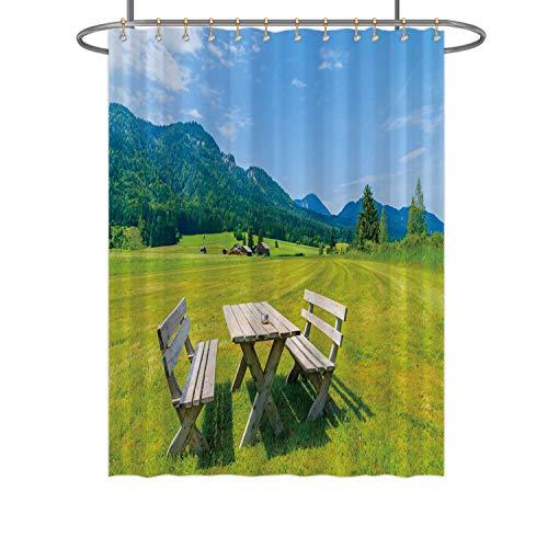 Hitecera Wooden Picnic Table with Benches on Green Meadow in Summer Landscape of Weissensee LakeShower Curtain Austria for Bathroom 36 in by 72 in WxH
