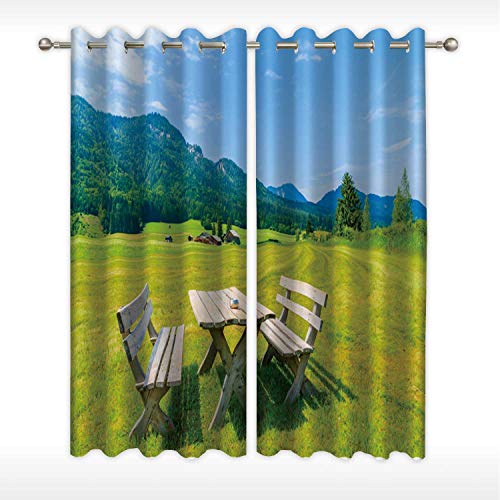 MOOCOM Wooden Picnic Table with Benches on Green Meadow in Summer Landscape of Weissensee Lake Window Curtain Rod SetAustria for RestaurantW58in x H36in