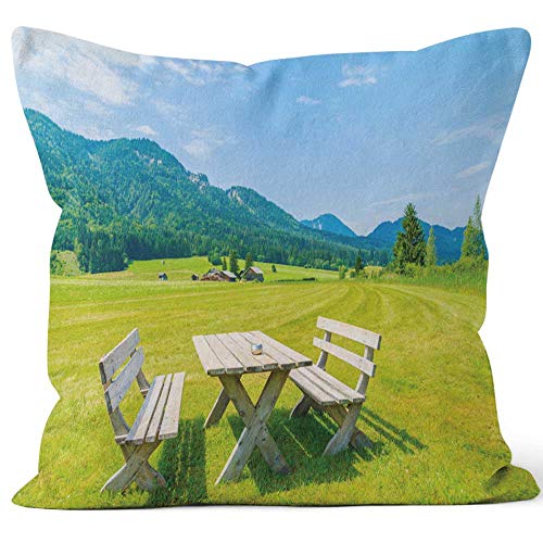 Nine City Wooden Picnic Table with Benches on Green Meadow in Summer Landscape of Weissensee Lake Burlap PillowHD Printing for Couch Sofa Bedroom Livingroom Kitchen Car18 W by 18 L