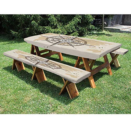 SoSung 72 Polyester Picnic Table and Bench Fitted TableclothCompass on Background of Old Map with Torn Border Frame Illustration Print 3-Piece Elastic Edged Table Cover for ChristmasPartiesPicnic
