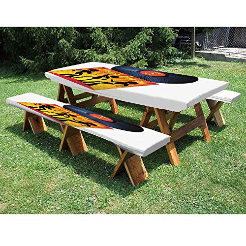 SoSung 72 Polyester Picnic Table and Bench Fitted TableclothVinyl Record Cover with Disco Party Illustration Dancers Art Print 3-Piece Elastic Edged Table Cover for ChristmasPartiesPicnic