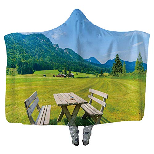 Wooden picnic table with benches on green meadow in summer landscape of Weissensee lake Throw WColorfullorfulle Hooded BlanketAdult Double thickening WColorfullorfulle BlanketAustria60x40H
