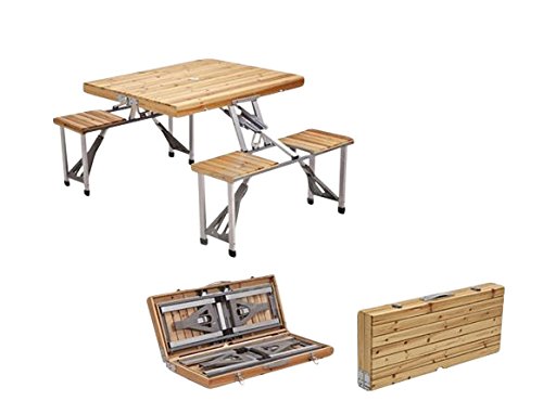 Plixio Portable Folding Wood Picnic Table With 4 Bench Seats