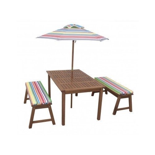 4 Piece Kids Picnic Table Wooden Dining Set With Umbrella Chairs And Cushions