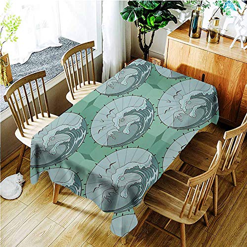 Custom TableclothNature Wave Mountain and Seagulls Nature Scenery in Circle Chinese Umbrella Pattern ArtDinner Picnic Table Cloth Home DecorationW60x120LGreen Blue