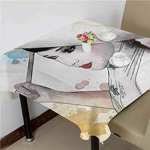 DRAGON VINES Household Tablecloth Polyester Tablecloth Woman Girl with Oriental Umbrella Drawing with Watercolor and BrushstrokesPicnic Tablecloth Clips Camping 70 x 70 inch