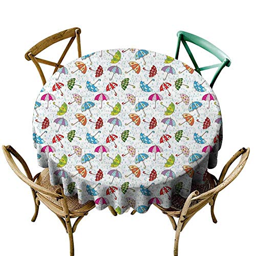 W Machine Sky Outdoor Picnics UmbrellaCartoon Style Different Umbrellas Scattered Around in The Spring Rain Wet WeatherMulticolor Diameter 54 Banquet Round Tablecloth