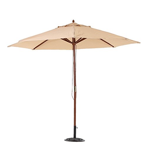 10Ft Wooden Market Umbrella Outdoor Table Umbrella with 8 Hard Wood Ribs Beige