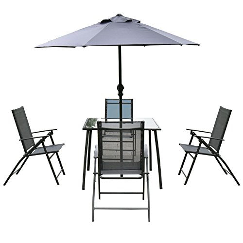 Giantex 6PCS Patio Garden Set furniture 4 Folding Chairs Table with Umbrella Gray