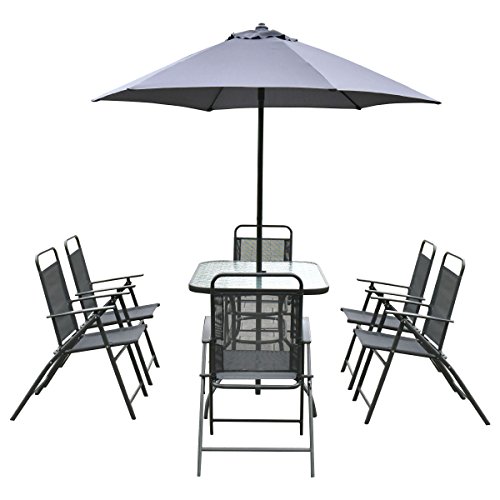 Giantex 8PCS Patio Garden Set Furniture 6 Folding Chairs Table with Umbrella Gray New