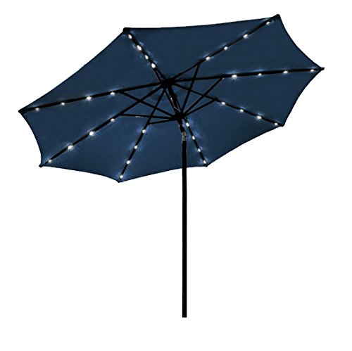 Odaof 10 ft Led Light Outdoor Table Aluminum Patio Umbrella with Push Button Tilt and Crank 8 Ribs Blue