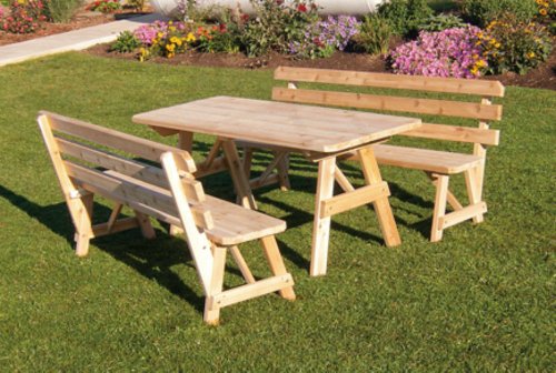 Cedar 4 Foot Picnic Table with 2 Backed Benches - STAINED- Amish Made USA -Cedar