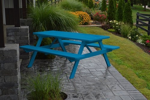 Outdoor 4 Foot Pine Picnic Table With Attached Benches - Painted- Amish Made Usa -carribean Blue