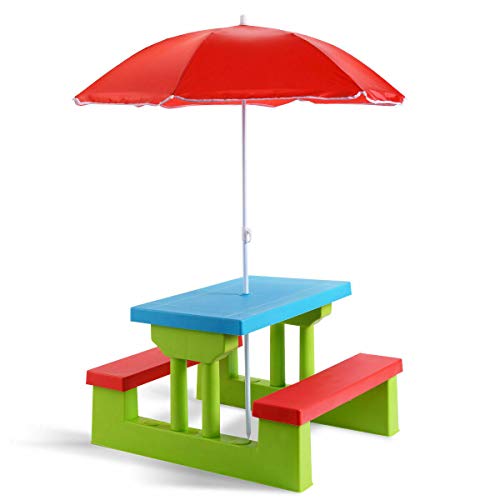 Blue Bright 4 Seat Kids Picnic Table Set with Umbrella Garden Yard Folding Children Bench Outdoor Indoor Portable Multi Color