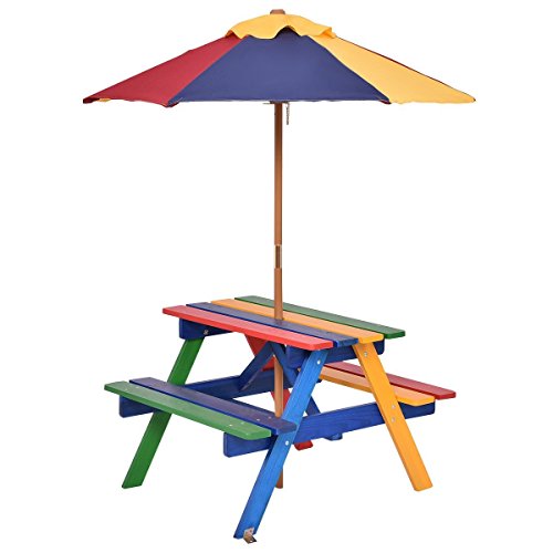 Costzon Kids Picnic Table Set Colorful Wood Picnic Table and Benches with RemovableFolding Umbrella Children Rainbow Bench Outdoor Patio Set