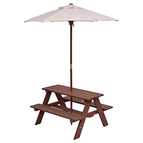 USA_BEST_SELLER Outdoor 4-Seat Kids Picnic Table Bench with Umbrella Set Wooden Furniture Beach