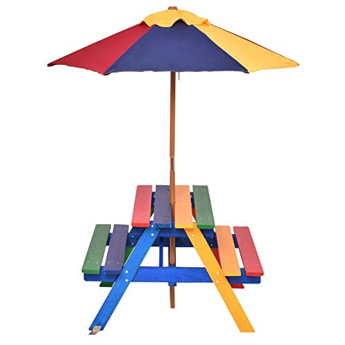 Costway 4 Seat Kids Picnic Table wUmbrella Garden Yard Folding Children Bench Outdoor