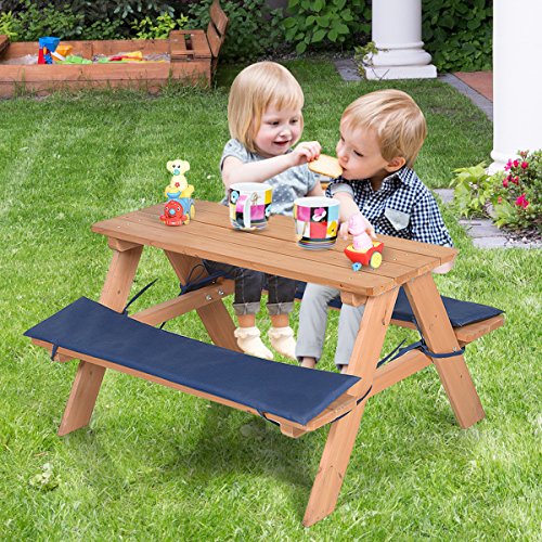 Costzon Kids Picnic Table Solid Wood Bench Set up to 4 Seat Unfinished - Choose Your Favorite Finish Color- Children Play Table Outdoor Garden Yard wPadded Cushions