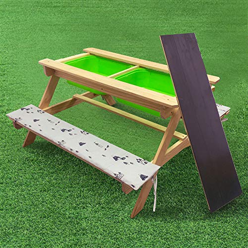 Kids Picnic Table and Chairs Set wCushions Outdoor Wooden Desk and Benches Sand and Water Table Patio Dining Playful Wood Table 2 Large Storage Drawers Removable Table Top for Children Deck