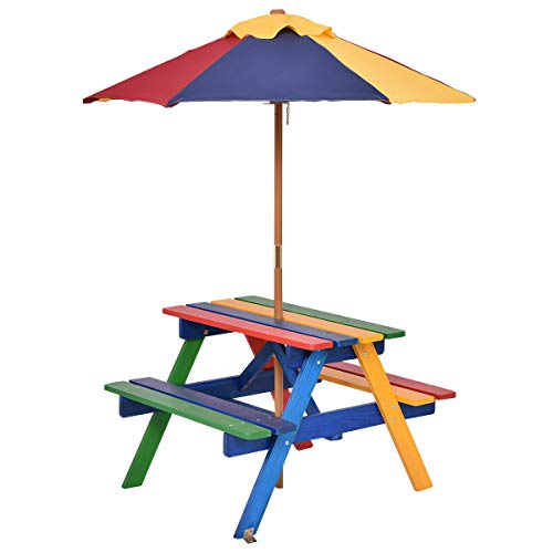 n-bright shop Kids Picnic Table Umbrella Children 4 Seat Kids Garden Yard Folding Children Bench Outdoor Indoor New