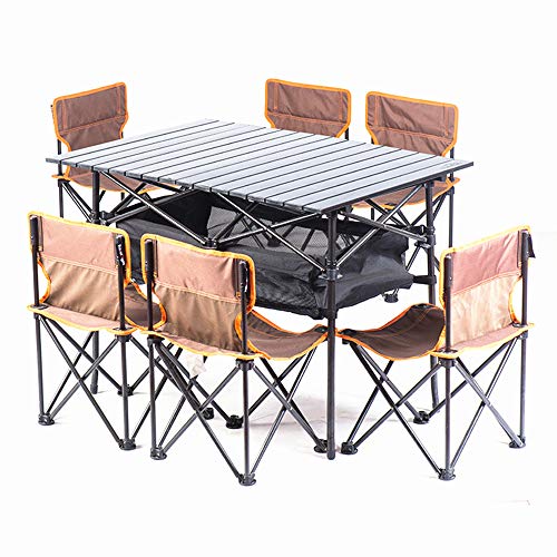 QERNTPEY Picnic Table Lightweight Outdoor Camp Portable Folding Table Net Chairs Set WCarrying Bag，6 Chairs1 Table for Camping Travelling BBQ Portable Tables Color  Orange